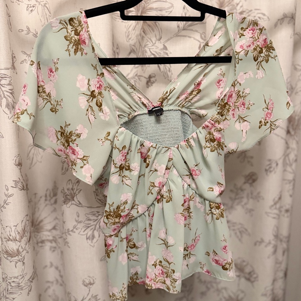Express Mint Green Floral Peplum Blouse